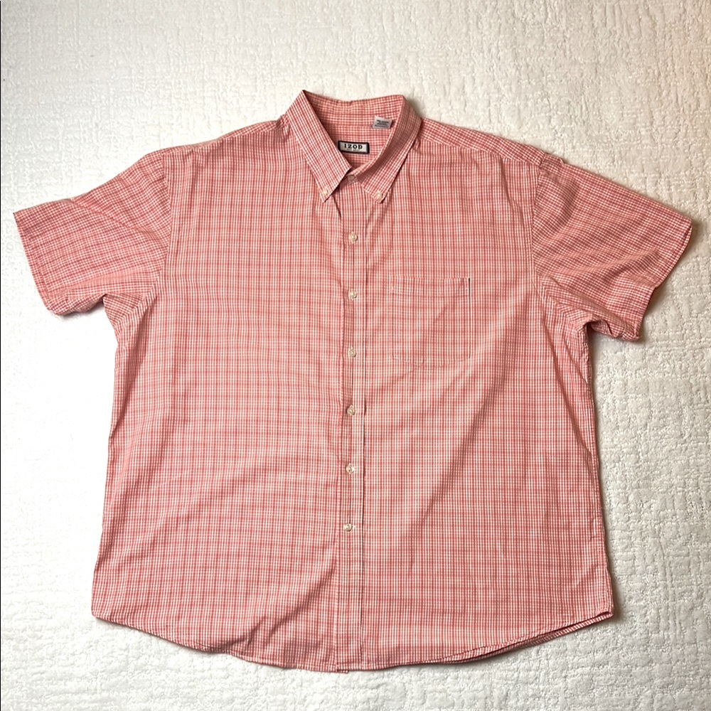 Izod Coral Blue White Casual Button Down Short Sleeve Shirt Gingham XXL